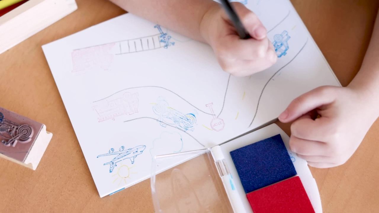 thumbnail video image 2 of Melissa & Doug Wooden Stamp Set: Vehicles - 10 Stamps, 5 Colored Pencils, 2-Color Stamp Pad, 2 of 9