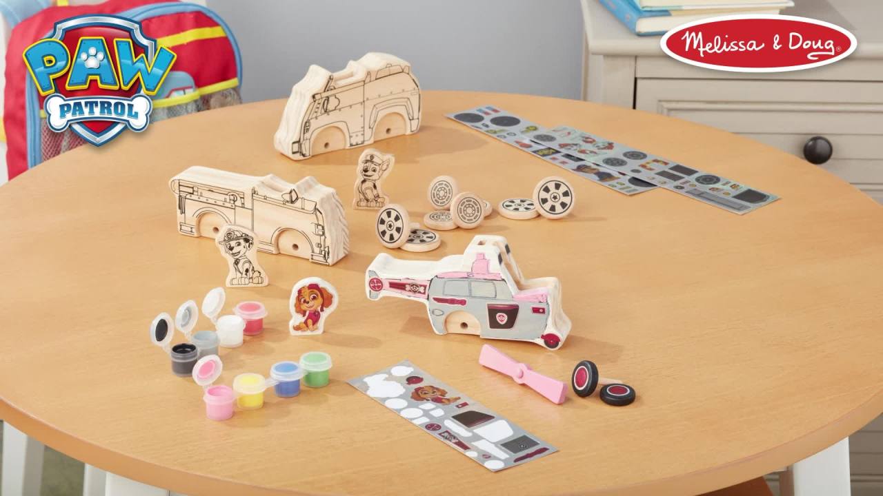 thumbnail video image 2 of Melissa & Doug PAW Patrol Wooden Vehicles Craft Kit - 3 Decorate Your Own Vehicles, 3 Play Figures, 2 of 7