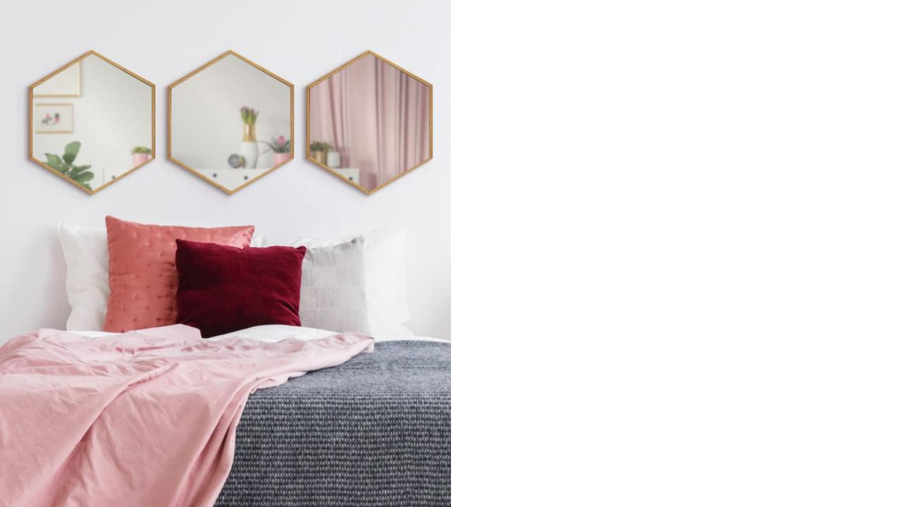 thumbnail video image 2 of Kate and Laurel Rhodes Modern Hexagon Wall Mirror Set, 3 Pieces Black, Chic Geometric Mirror for Wall, 2 of 8