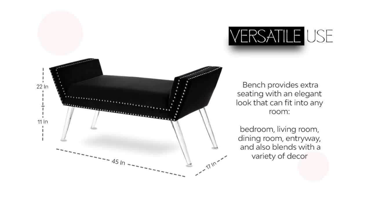 thumbnail video image 2 of Inspired Home Adele Velvet Modern Nailhead Trim Acrylic Legs Bench, Grey, 2 of 9