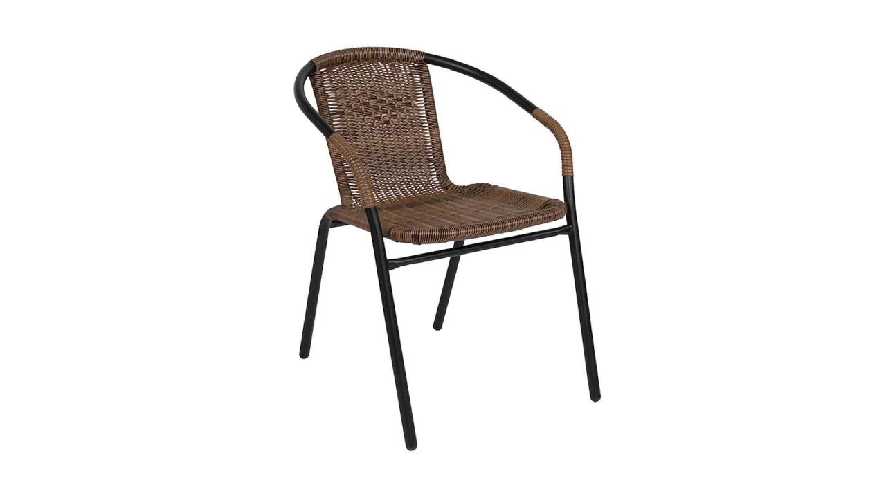 thumbnail video image 2 of Flash Furniture Lila 28'' Square Glass Metal Table with Dark Brown Rattan Edging and 2 Dark Brown Rattan Stack Chairs, 2 of 12