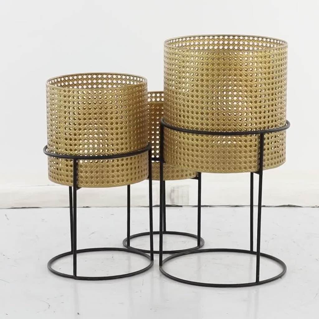 thumbnail video image 2 of DecMode 23", 19", 16"H Rattan Weave Inspired Gold Metal Planter with Removeable Ring Stands (3 Count), 2 of 16