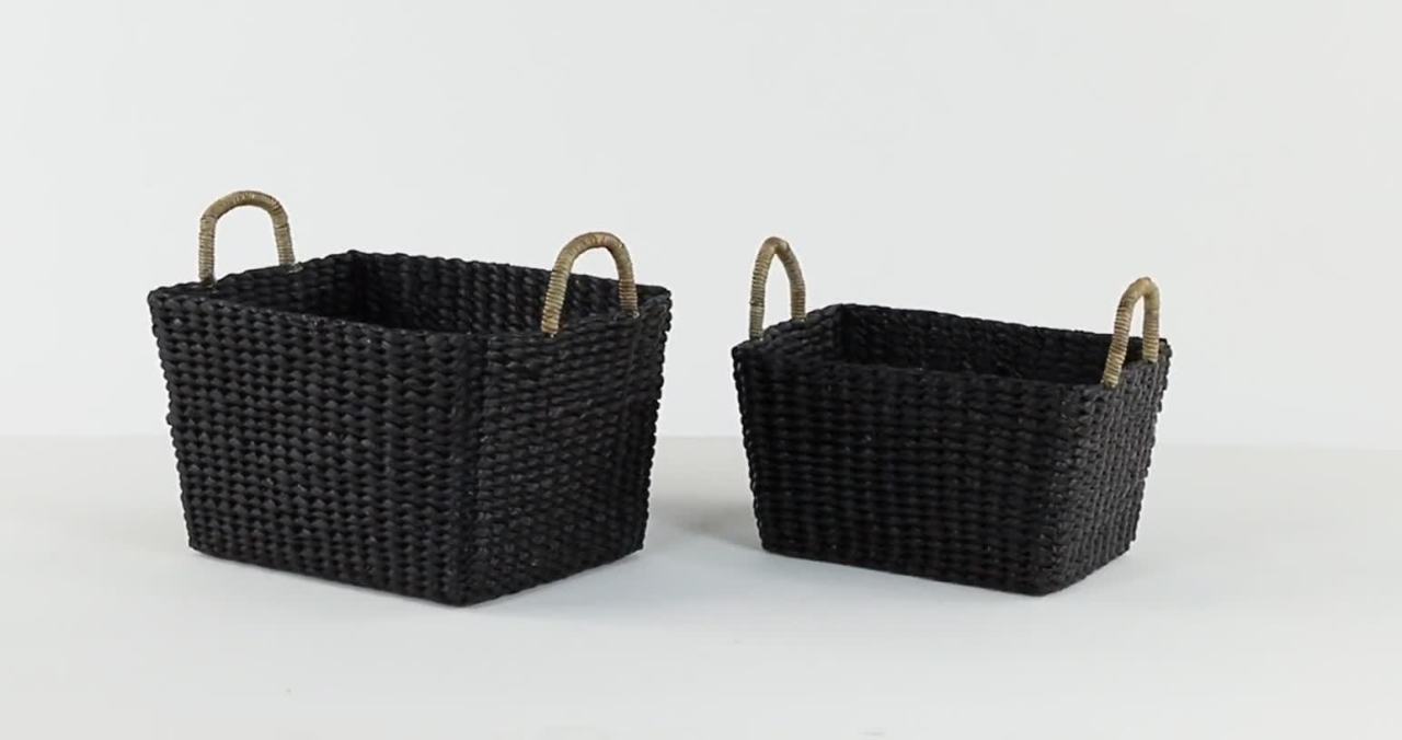 thumbnail video image 2 of DecMode 18", 16" Black BANANA LEAF Eclectic Storage Basket, 2 - Pieces, 2 of 10