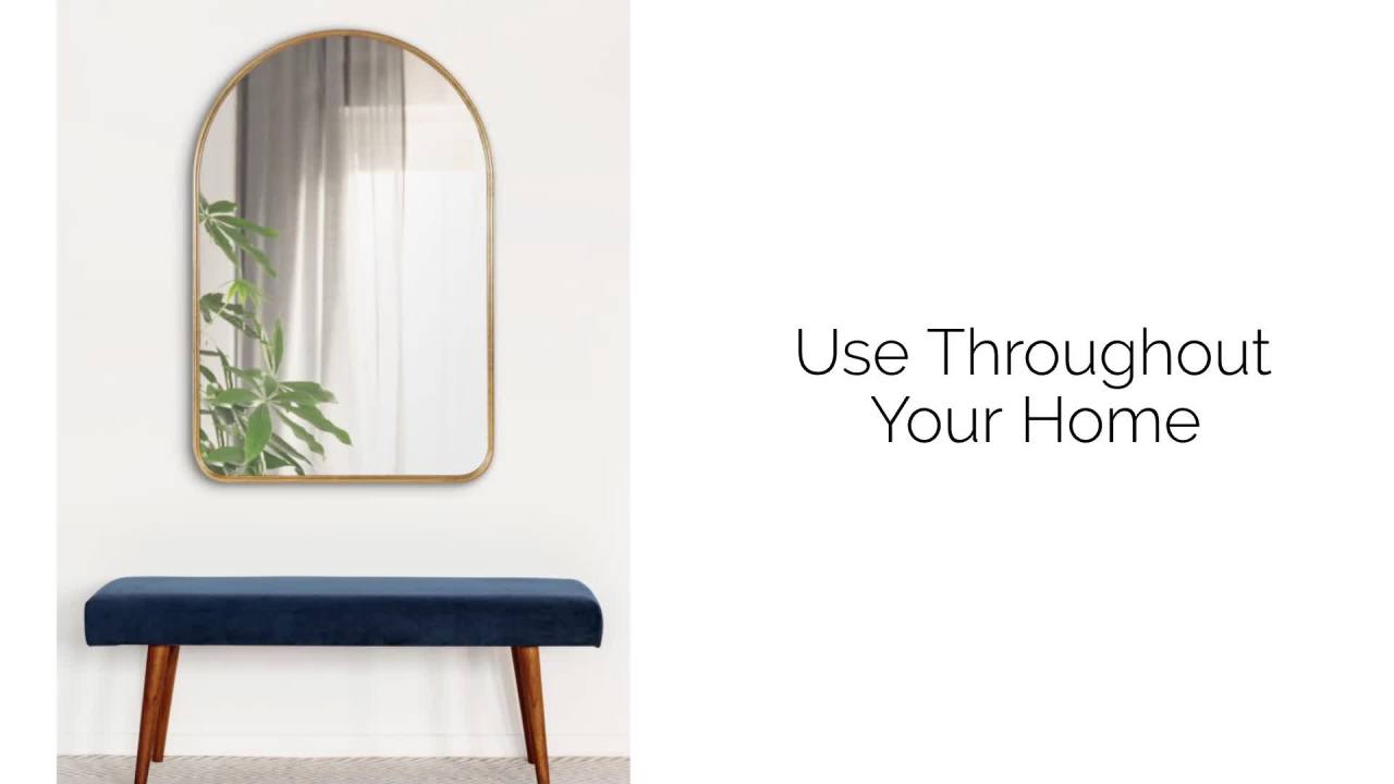 thumbnail video image 2 of Kate and Laurel Caskill Mid-Century Arched Full-Length Wall Mirror, 16 x 48, Gold, Decorative Large Modern Arch Mirror for Wall Display with Slim Frame and Stunning Finish, 2 of 8