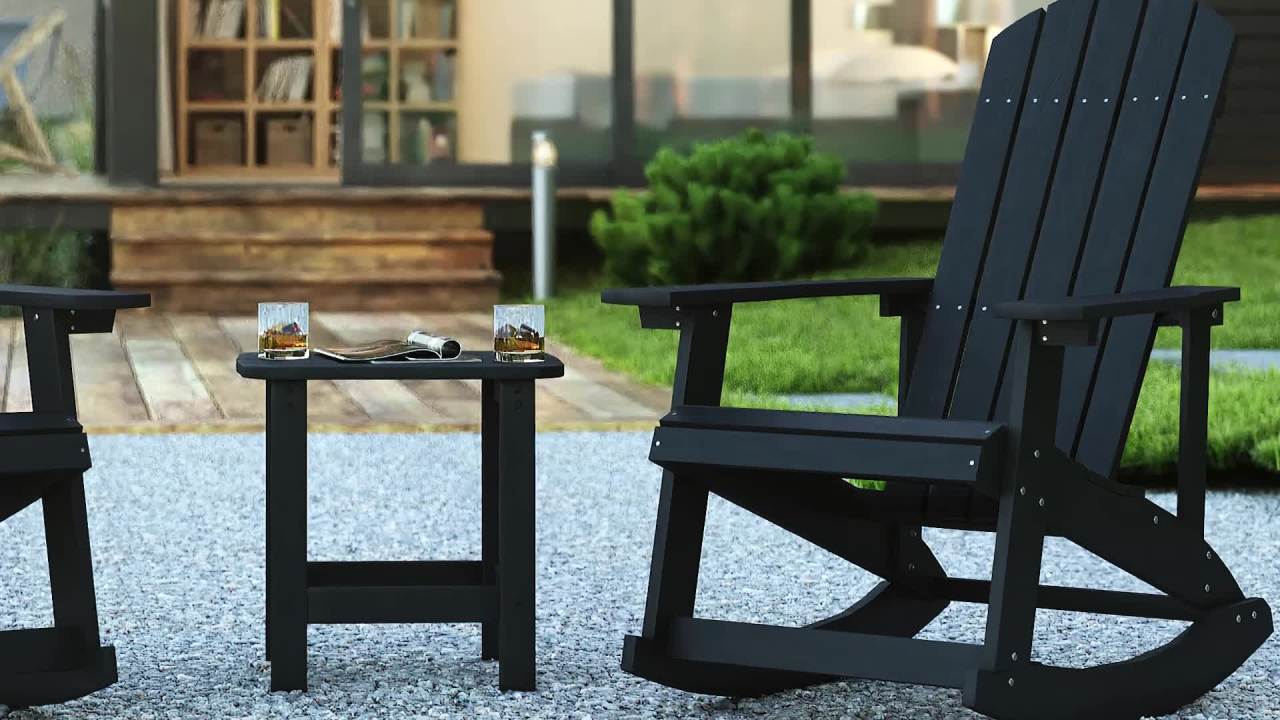 thumbnail video image 2 of Flash Furniture Savannah 3-Piece Poly Resin Rocking Patio Chair and Side Table Set, Black, 2 of 13