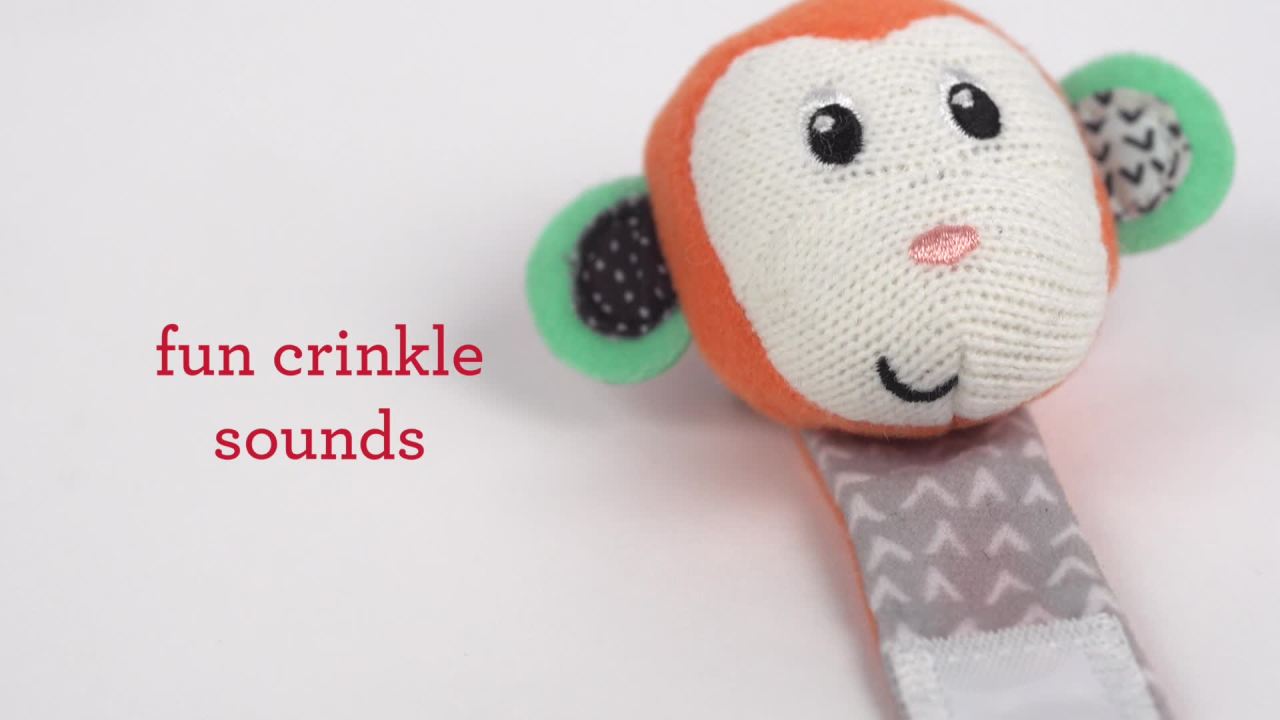 thumbnail video image 2 of Infantino See Play N' Go Baby Wrist Rattles, Monkey and Panda, for Babies 0+ Months, 2-Count, 2 of 9