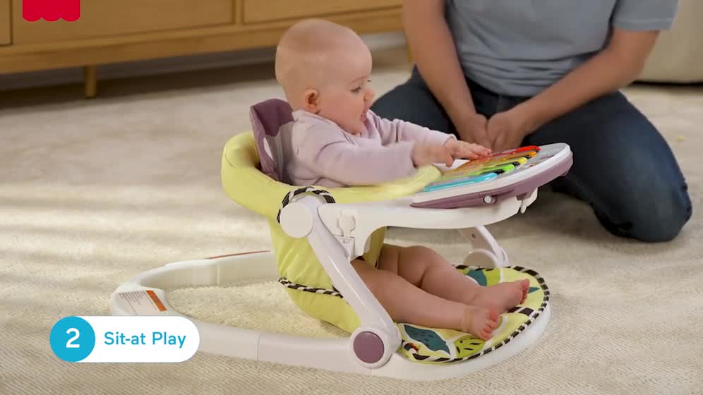 thumbnail video image 2 of Fisher-Price Kick & Play Deluxe Sit-Me-Up Seat, Purple Monkey Baby Chair & Piano Learning Toy, 2 of 7