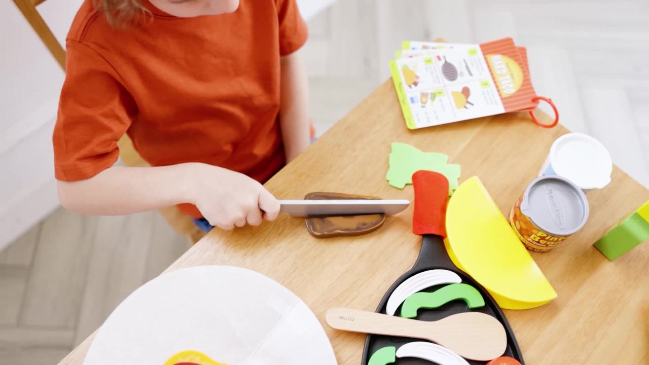 thumbnail video image 2 of Melissa & Doug Fill & Fold Taco & Tortilla Set, 43 Pieces – Sliceable Wooden Mexican Play Food, Skillet, and More - FSC Certified, 2 of 10