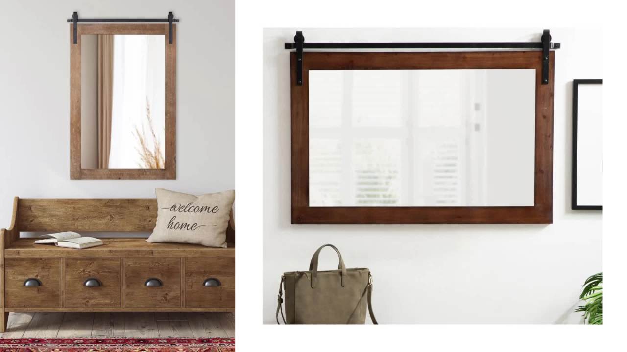 thumbnail video image 2 of Kate and Laurel Cates Decorative Framed Wall Mirror, 26 x 39, Walnut Brown, Farmhouse Barn Door-Inspired Bathroom Mirror with Substantial Frame and Modern Charm, 2 of 8