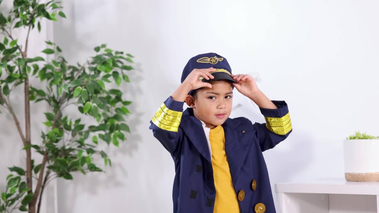 thumbnail video image 2 of Melissa & Doug Pilot Costume Role Play Set (6 pcs) - Jacket, Tie, Hat, Wings, Steering Yoke, Checklist, 2 of 10