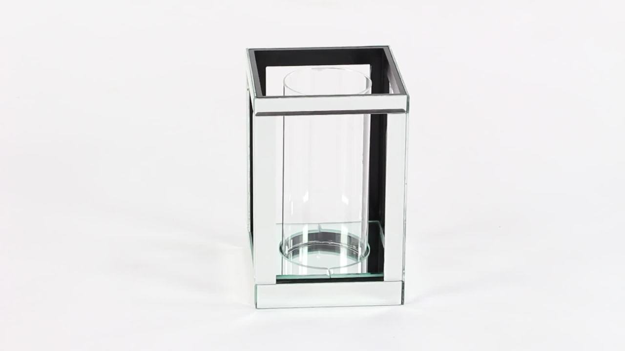 thumbnail video image 2 of DecMode Silver Glass Pillar Hurricane Lamp with Mirrored Accents, 2 of 9