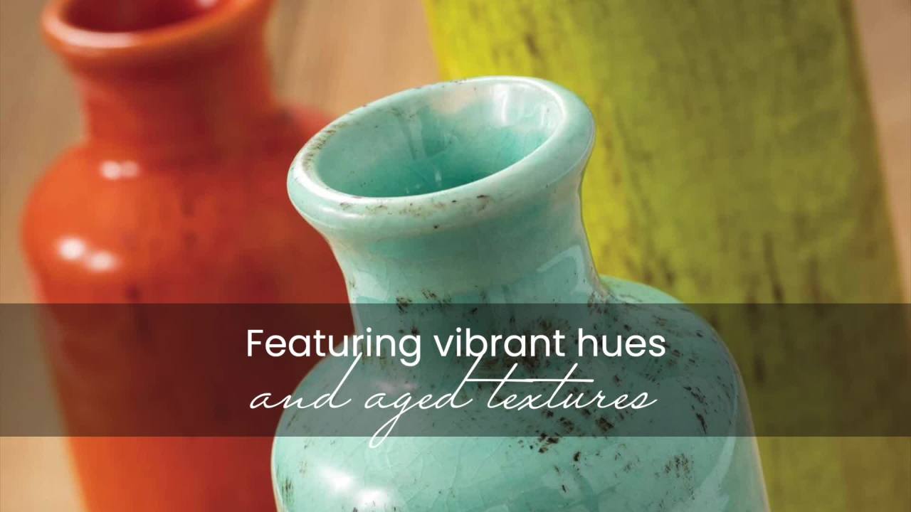 thumbnail video image 2 of Sullivans Set of 3 Small Ceramic Bottle Vases 5"H, 7.5"H & 10"H Orange, Yellow & Teal, 2 of 19