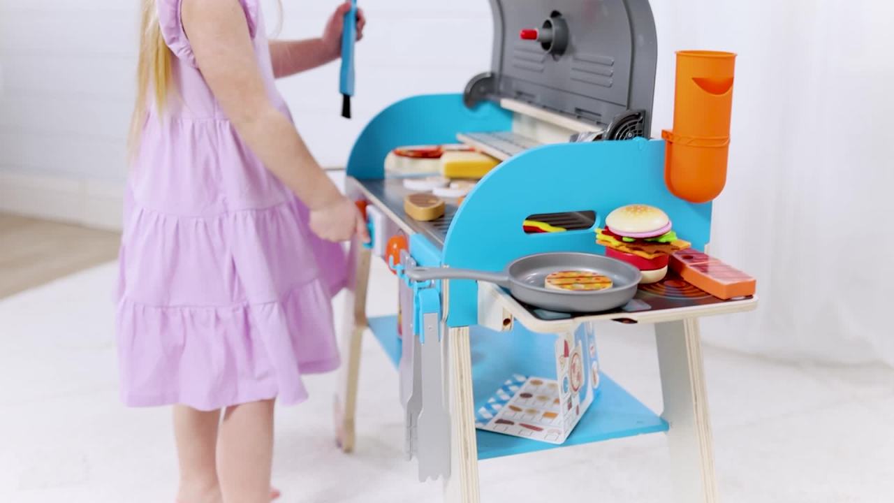 thumbnail video image 2 of Melissa & Doug Wooden Deluxe Barbecue Grill, Smoker and Pizza Oven Play Food Toy for Pretend Play Cooking for Kids - FSC Certified, 2 of 10