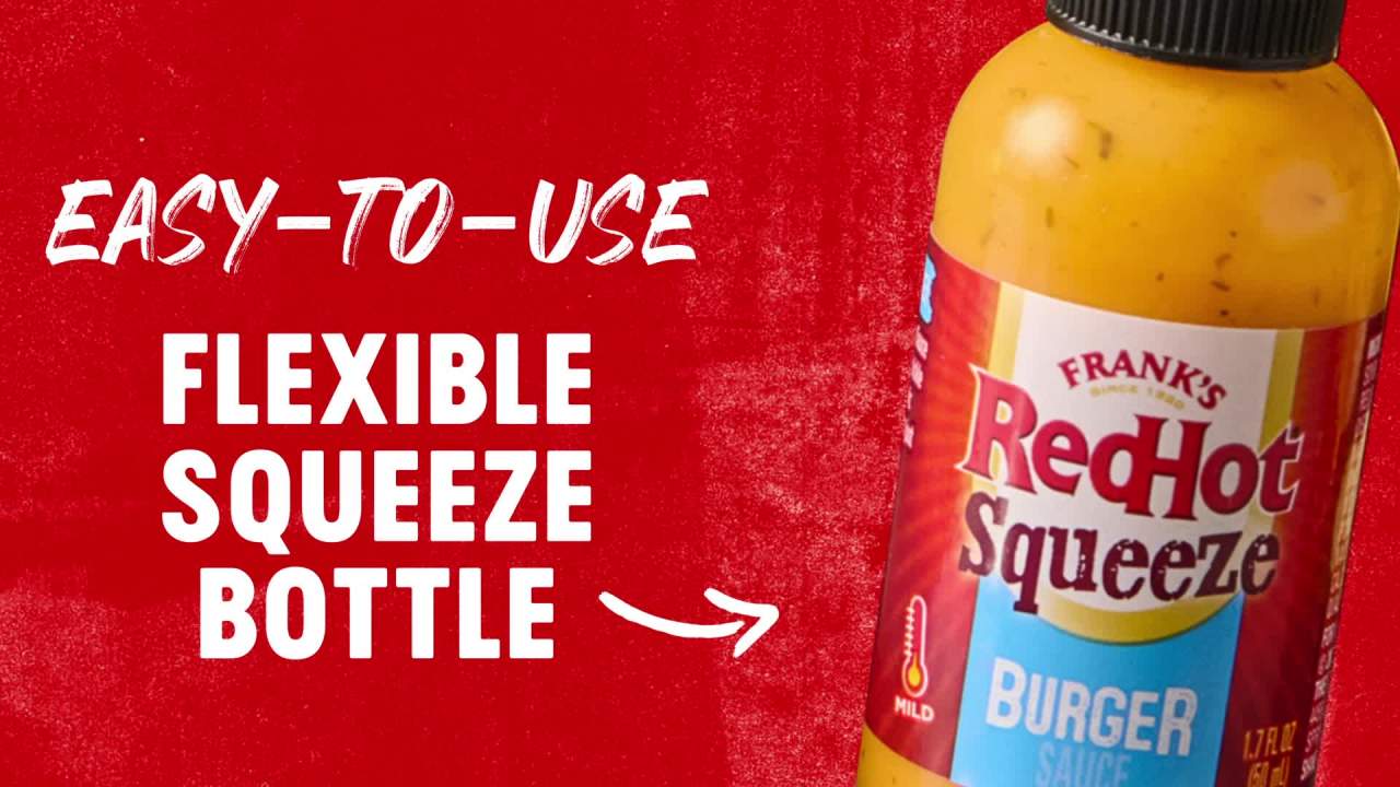 thumbnail video image 2 of Frank's RedHot Squeeze Sauce Burger Squeeze Sauce, 1.7 fl oz Bottle, 2 of 25
