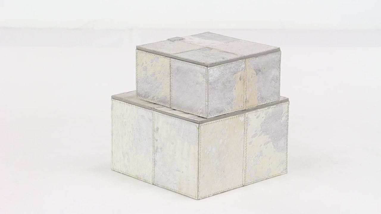 thumbnail video image 2 of Benzara 95031 6 x 10 x 10 in. Wood Leather Box, Silver - Set of 2, 2 of 4
