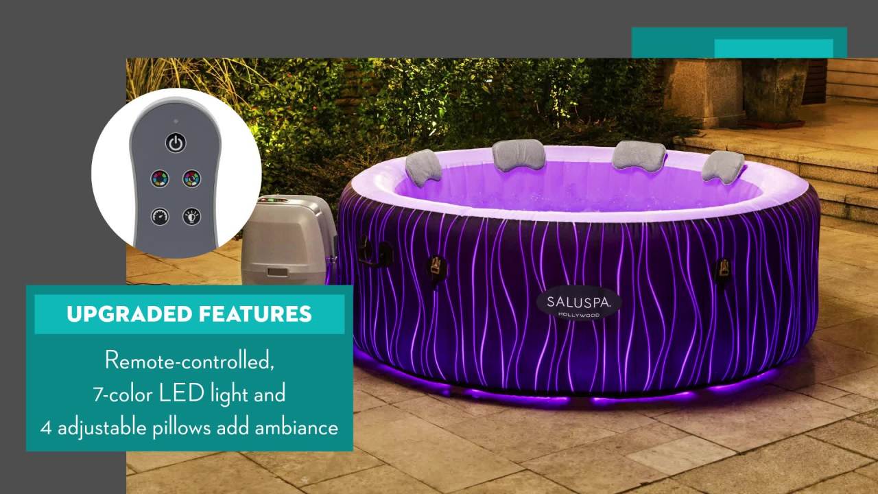 thumbnail video image 2 of SaluSpa Hollywood AirJet Inflatable Circle Hot Tub Spa with Color-Changing LED Lights 4-6 Person with Pump #P08411, 2 of 15