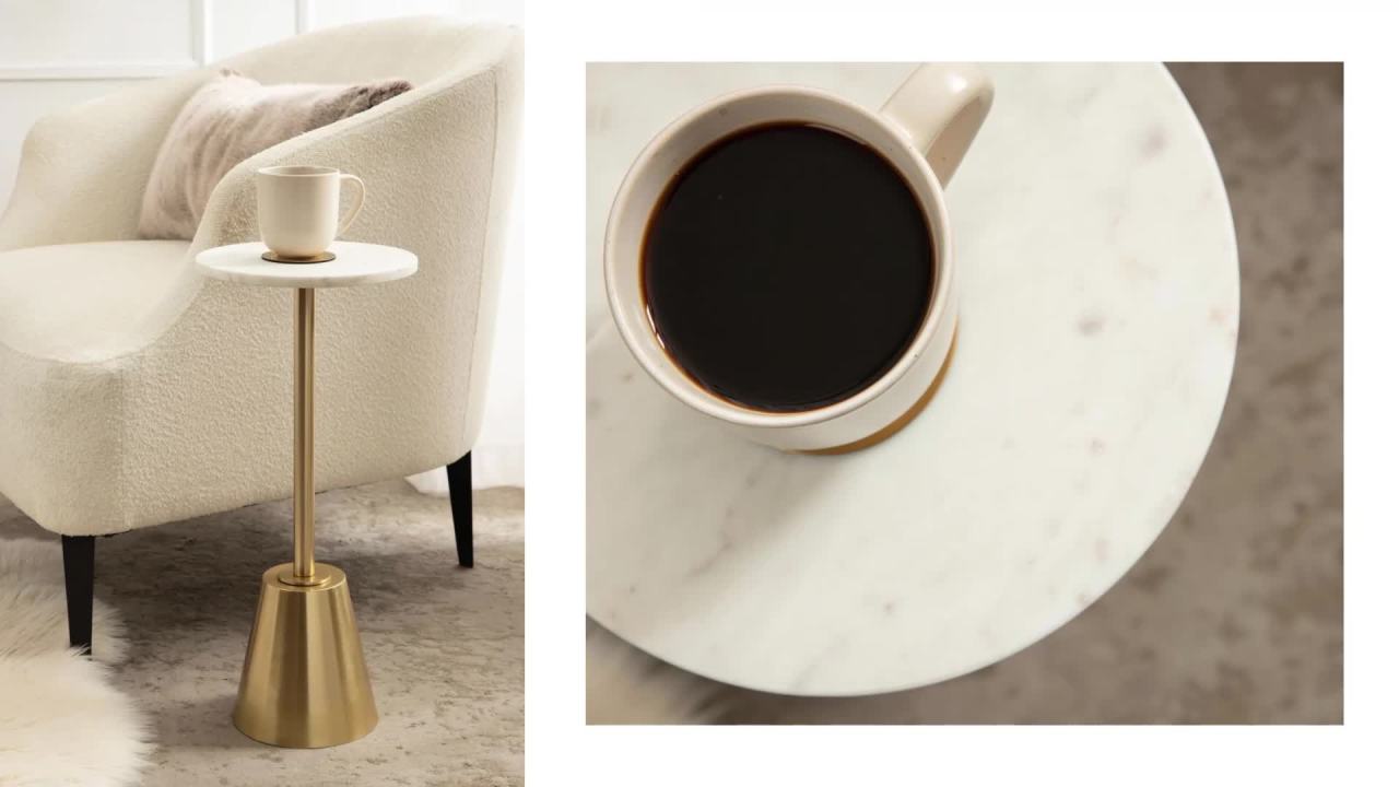 thumbnail video image 2 of Kate and Laurel Tira Elegant Round Drink Table, 10 x 22, White Marble and Gray Gunmetal, Modern Glam Circle Martini Table for Use as a Small Bedroom Nightstand or Living Room Plant Stand Option, 2 of 9