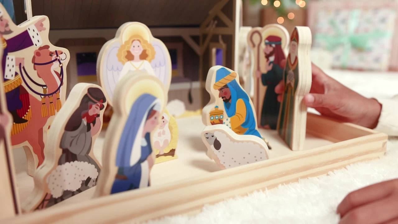 thumbnail video image 2 of Melissa & Doug Classic Wooden Christmas Nativity Set With 4-Piece Stable and 11 Wooden Figures, 2 of 10