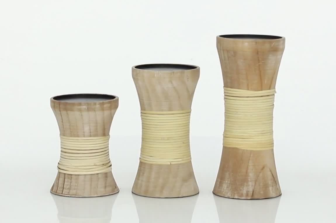 thumbnail video image 2 of DecMode Indoor 10", 8", 6"H Coastal Wood Candle Holder, Brown, 3 - Pieces, 2 of 8