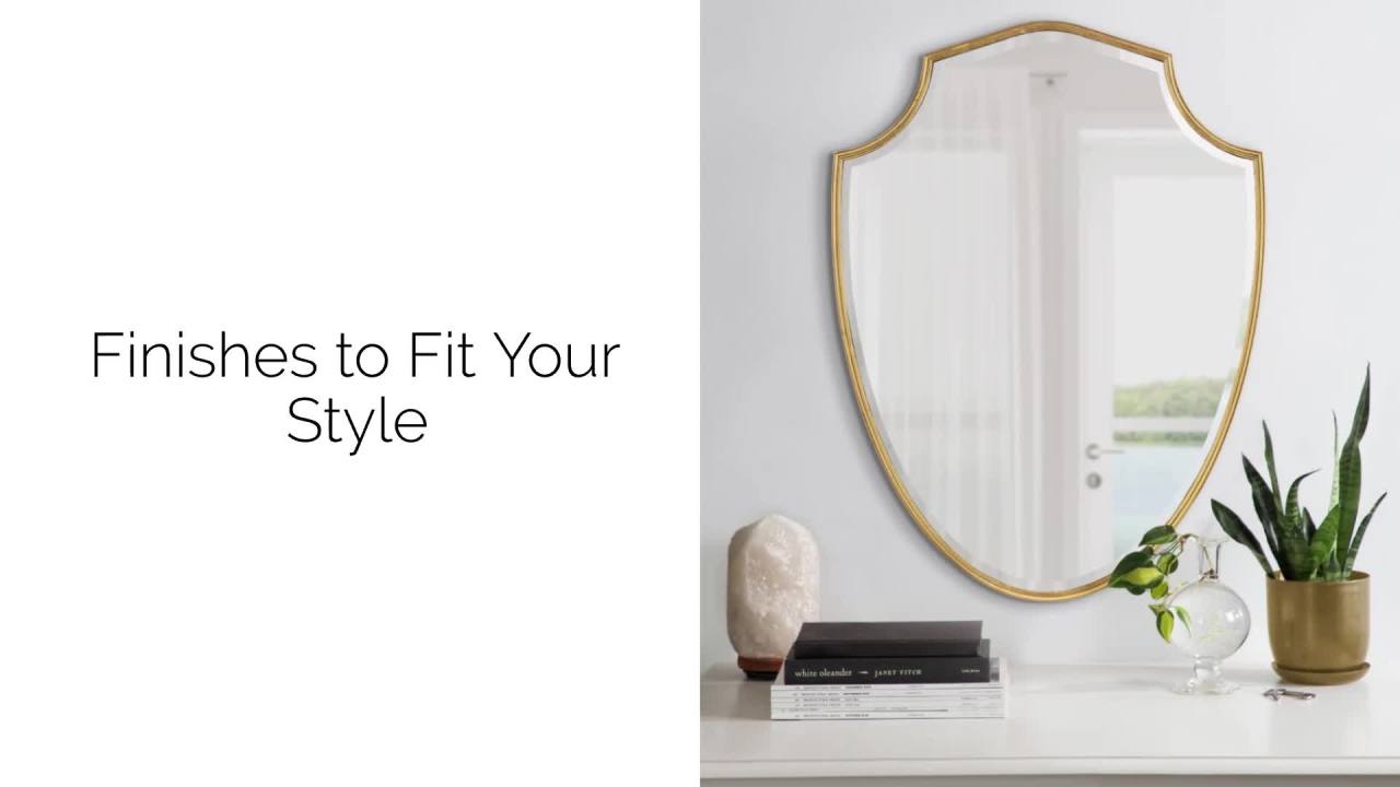 thumbnail video image 2 of Kate and Laurel Caskill Traditional Shield Wall Mirror, 24 x 32, Silver, Decorative Glamorous Mirror with Shield Shaped Frame and Elegant Chrome Finish for Wall Decor, 2 of 8