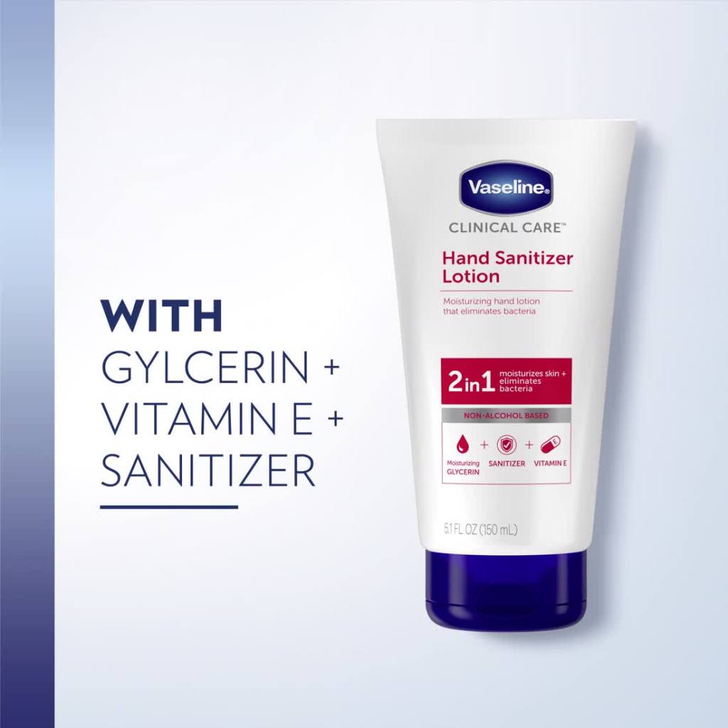 thumbnail video image 2 of Vaseline Clinical Care 2-in-1 Moisturizing Fresh Hand Sanitizer Lotion All Skin, 5.1 oz, 2 of 11