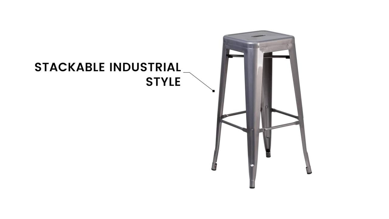 thumbnail video image 2 of 30 High Backless Clear Coated Metal Indoor Barstool with Square Seat XU-DG-TP0004-30-GG, 2 of 9