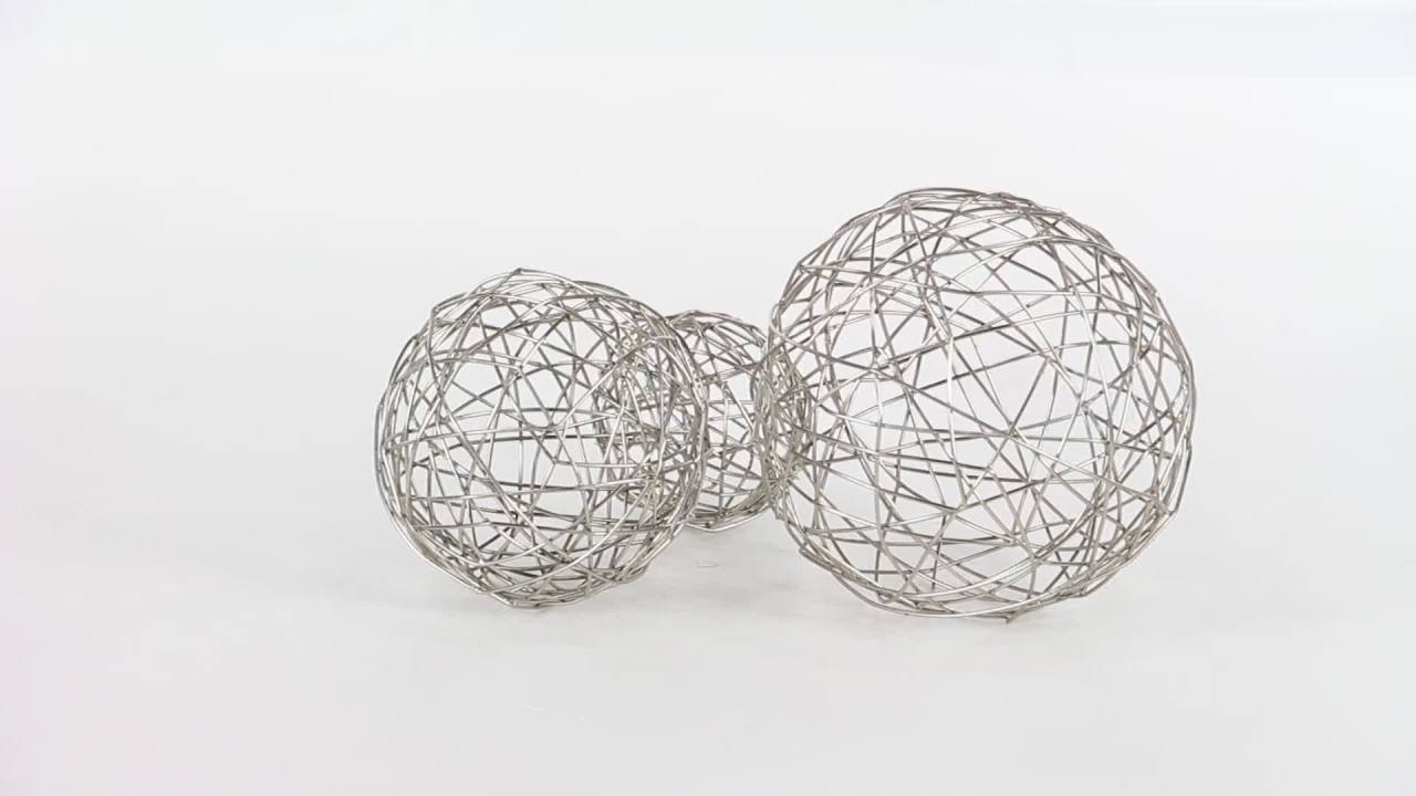 thumbnail video image 2 of 8", 6", 4"D Silver Metal Wire Orb Geometric Sculpture, by DecMode (3 Count), 2 of 11