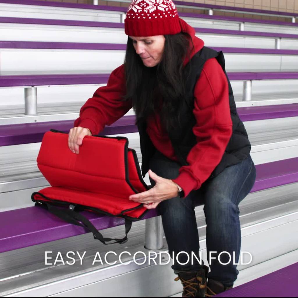 thumbnail video image 2 of ARDEN Heated Stadium Seat, Battery Powered (not included) Foldable, Lightweight Foldable with Back Support & Carrying Strap for Sports Games, Camping, Outdoor Events, Gray/Red, 2 of 11