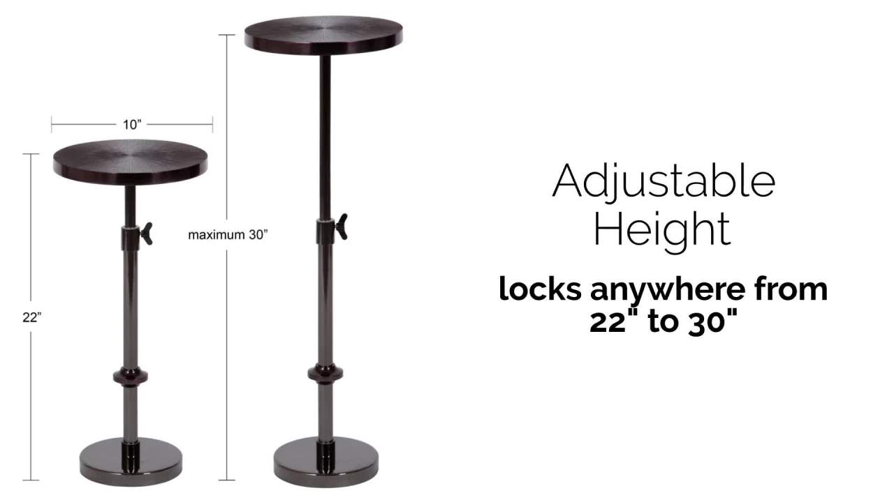 thumbnail video image 2 of Kate and Laurel Engles Traditional Adjustable-Height Pedestal Drink Table, 10 x 10 x 30, Antique Silver, Vintage Round Indoor Metal Plant Stand with Embossed Sunburst Pattern, 2 of 10