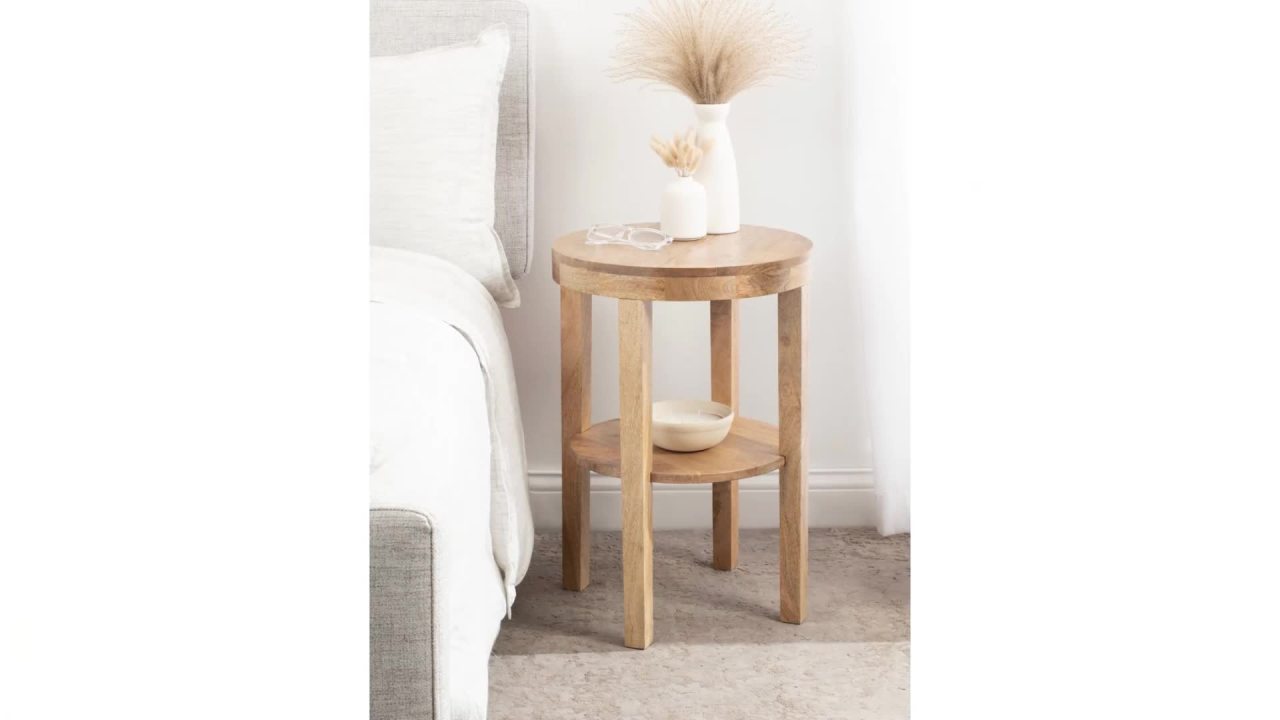 thumbnail video image 2 of Kate and Laurel Talcott Modern Round Wood Side Table, 16 x 16 x 24, Natural Wood, Transitional Decorative Two-Tier End Table for Use as a Bedroom Nightstand or Living Room Accent, 2 of 9