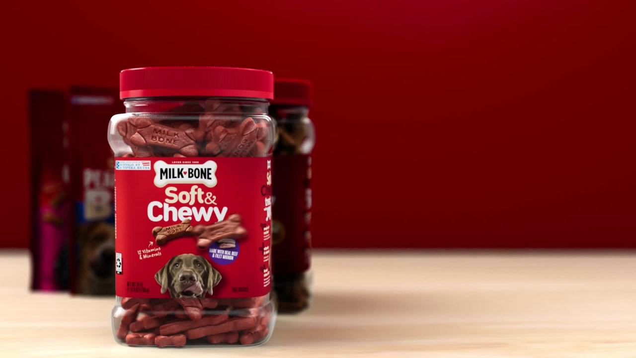 thumbnail video image 2 of Milk Bone Soft & Chewy Dog Treats, Made with Real Beef & Filet Mignon, 5.6 Ounce Pouch, 2 of 10