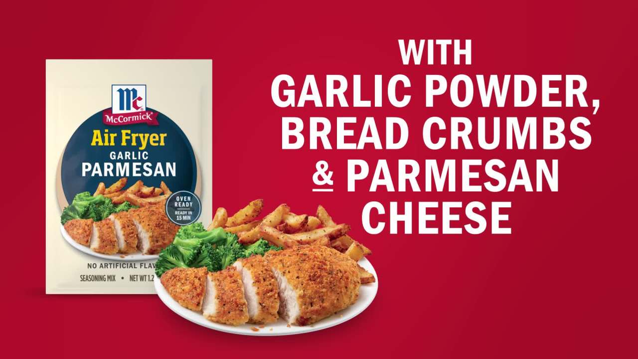 thumbnail video image 2 of (2 pack) McCormick No Artificial Flavors Air Fryer Garlic Parmesan Seasoning Mix, 1.25 oz Packet, 2 of 24
