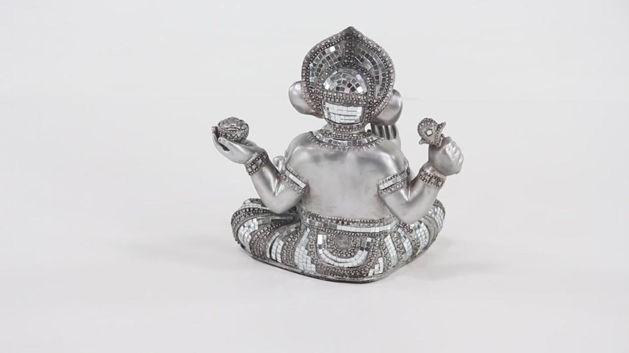 thumbnail video image 2 of 11" x 12" Silver Polystone Meditating Ganesh Sculpture with Engraved Carvings and Relief Detailing, by DecMode, 2 of 10