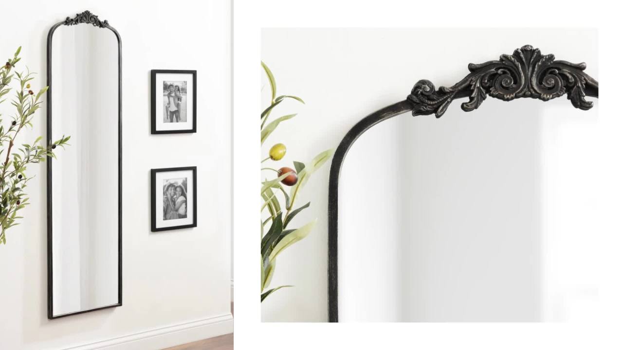 thumbnail video image 2 of Kate and Laurel Arendahl Vintage Arched Tall Panel Mirror, 18 x 58, Antique Black, Traditional Baroque Full Length Mirror with Ornate Garland Inspired Crown for Bedroom Body Mirror Decor, 2 of 9