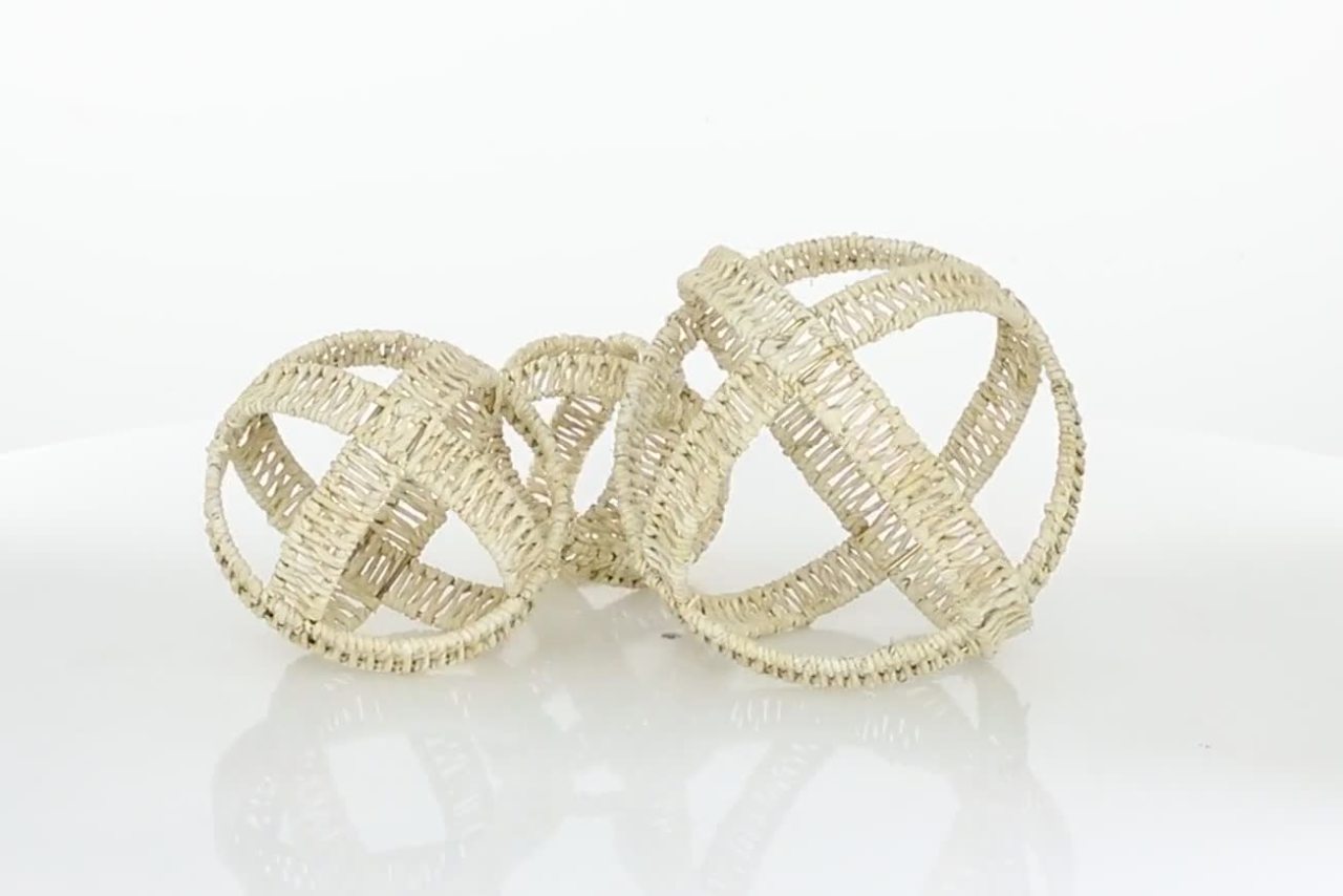 thumbnail video image 2 of 9", 7", 5"H Cream Dried Plant Handmade Woven Orb Geometric Sculpture, by DecMode (3 Count), 2 of 8