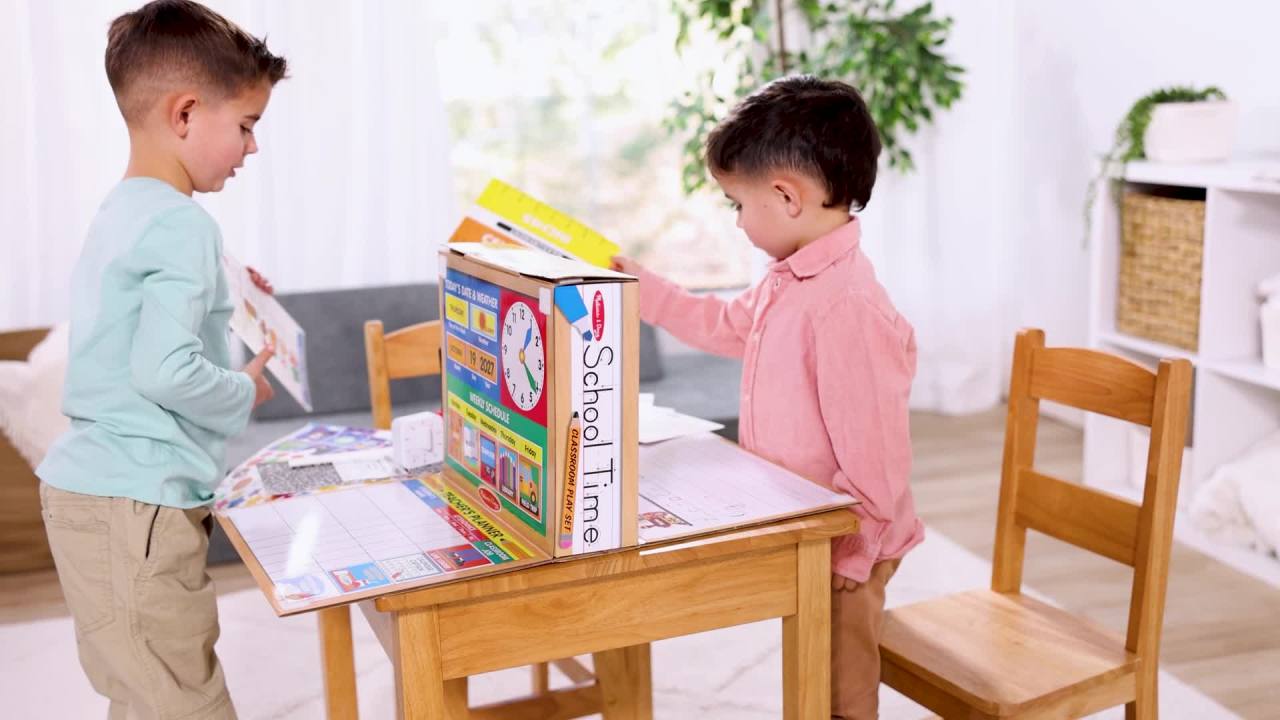 thumbnail video image 2 of Melissa & Doug School Time! Classroom Play Set Game - Be Teacher or Student - FSC Certified, 2 of 10