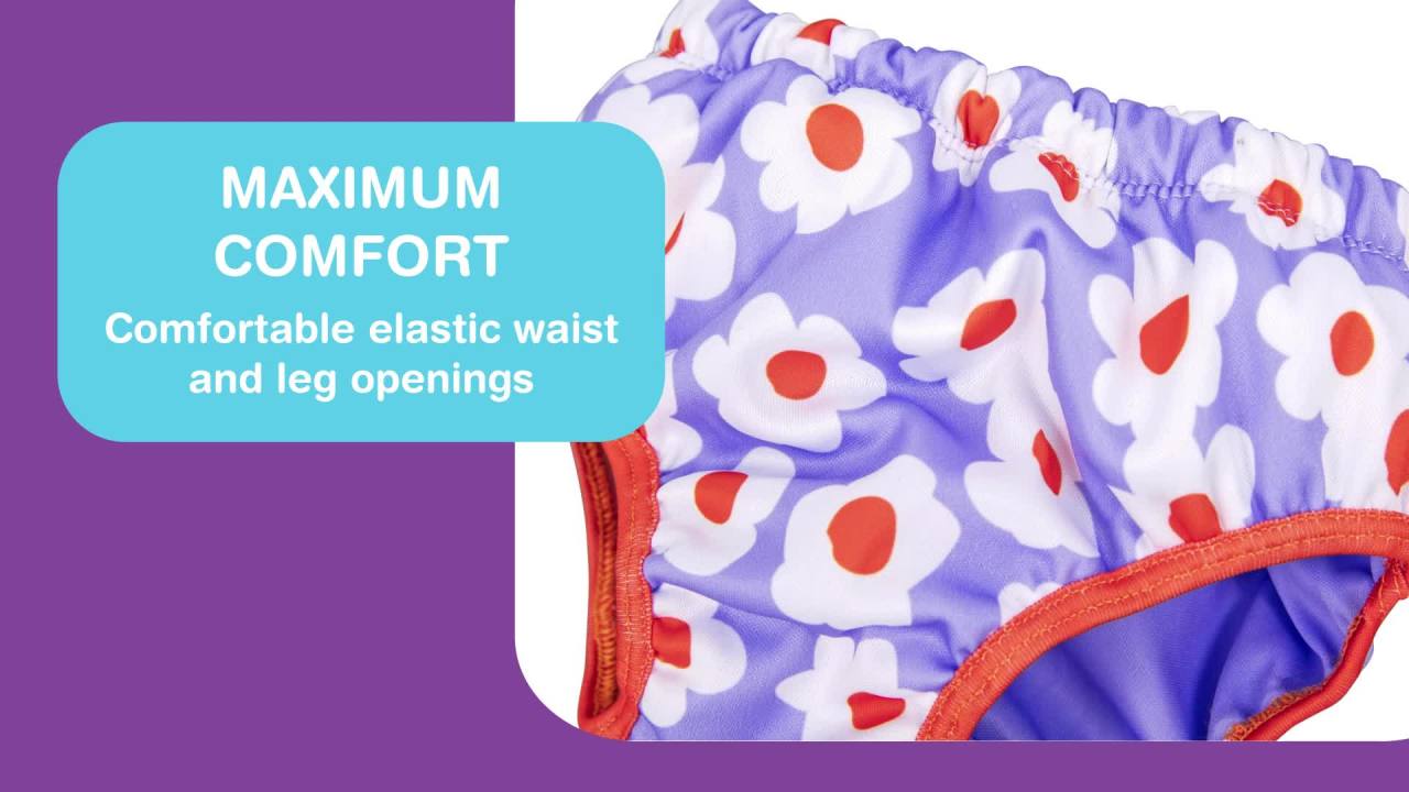 thumbnail video image 2 of Puddle Jumper AquaStar Fabric Toddler Swim Diaper, Reusable, UPF 50+, Flowers, Ages 1+, 2 of 14