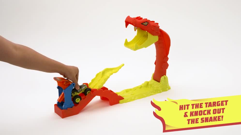thumbnail video image 2 of Hot Wheels Monster Trucks Snake Slam Takedown Playset with 1:64 Scale Bone Shaker Toy Vehicle, 2 of 7