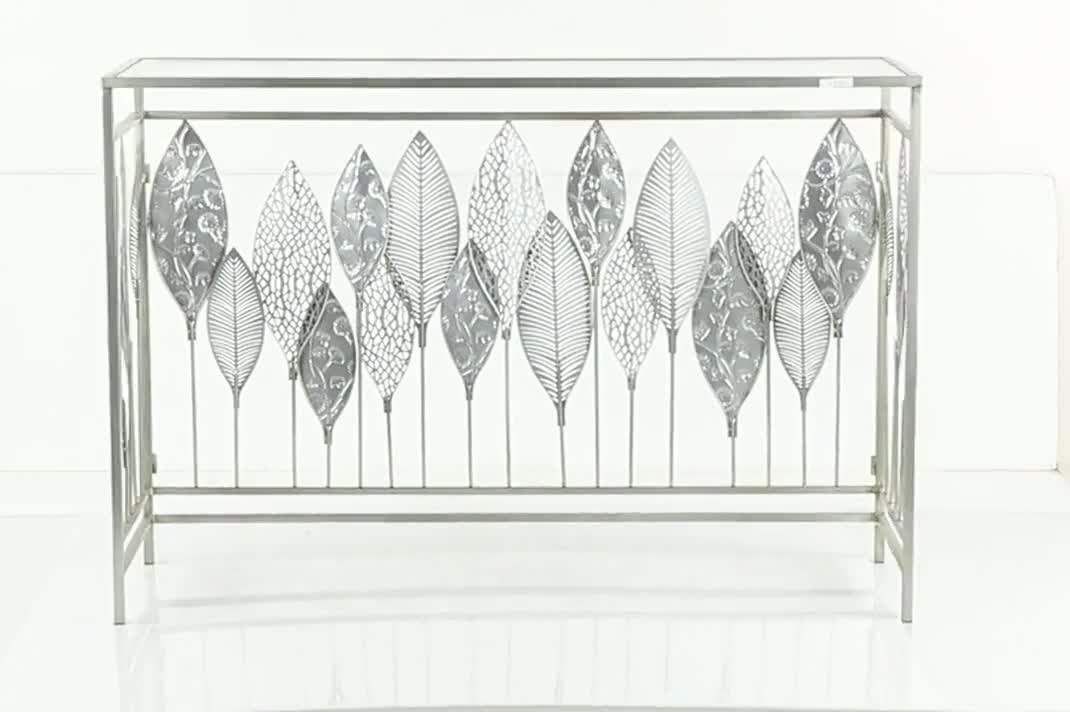 thumbnail video image 2 of DecMode Silver Contemporary Rectangular Metal Console Table with Green Leaves Sculpture, 44"W x 30"H, 2 of 9