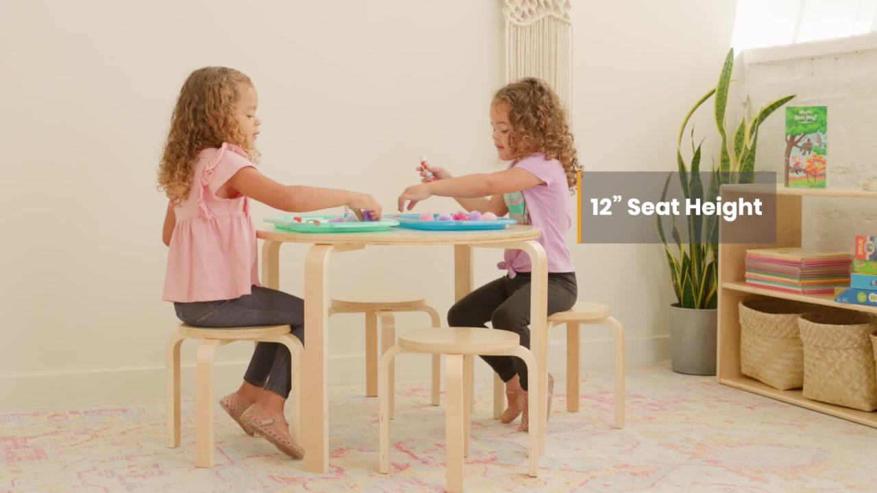 thumbnail video image 2 of ECR4Kids 30in Round Hardwood Table and Chairs, 12in Seat, Kids Furniture, Honey, 3-Piece, 2 of 10