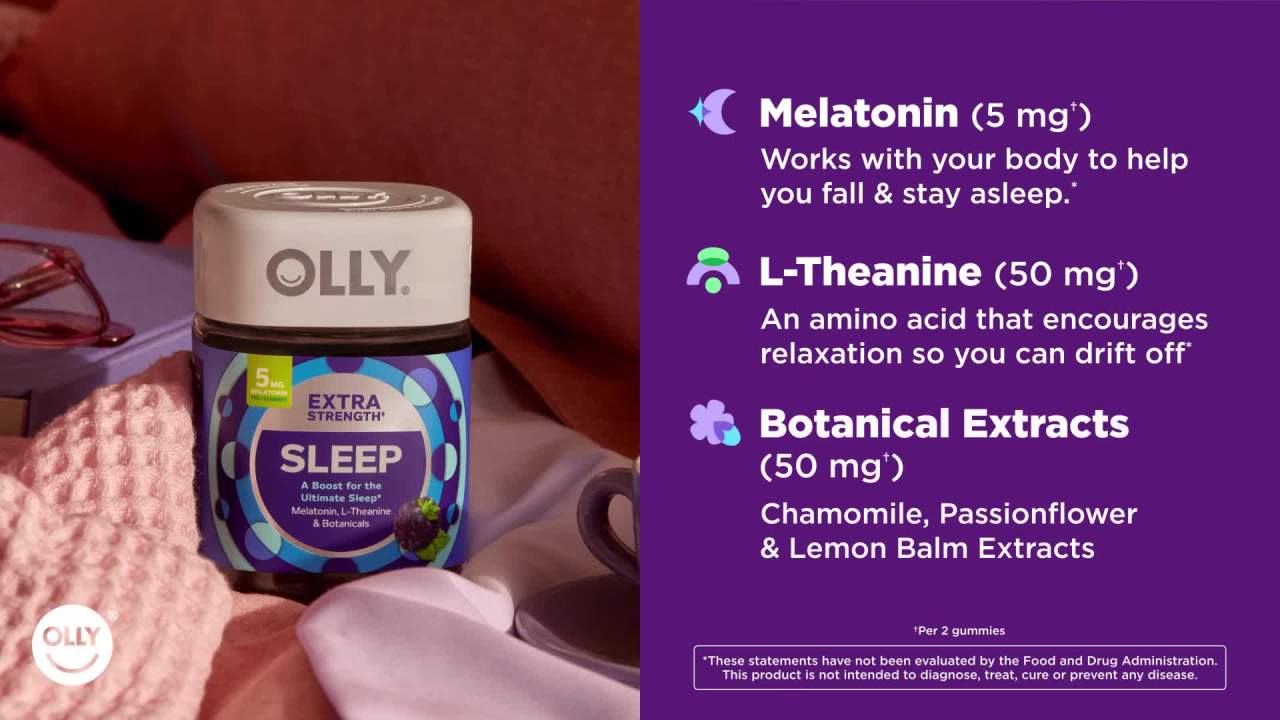thumbnail video image 2 of OLLY Extra Strength Sleep Gummy Supplement, 5mg Melatonin, Blackberry Zen Flavored, 50 Count, 2 of 15