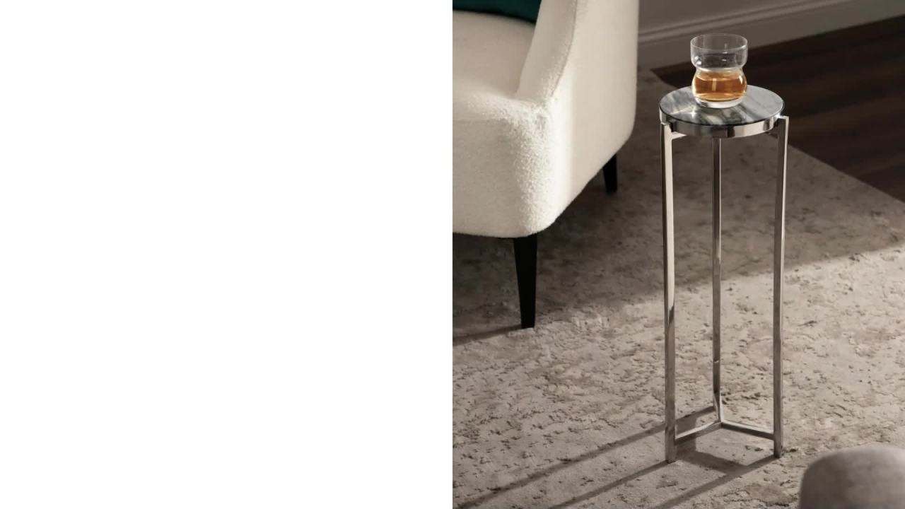 thumbnail video image 2 of Kate and Laurel Aguilar Modern Glam Slim Side Table, 12 x 7 x 22, Clear Glass and Antique Brass, Decorative Narrow End Table for Use as Skinny Bedroom Nightstand or Living Room Accent, 2 of 9