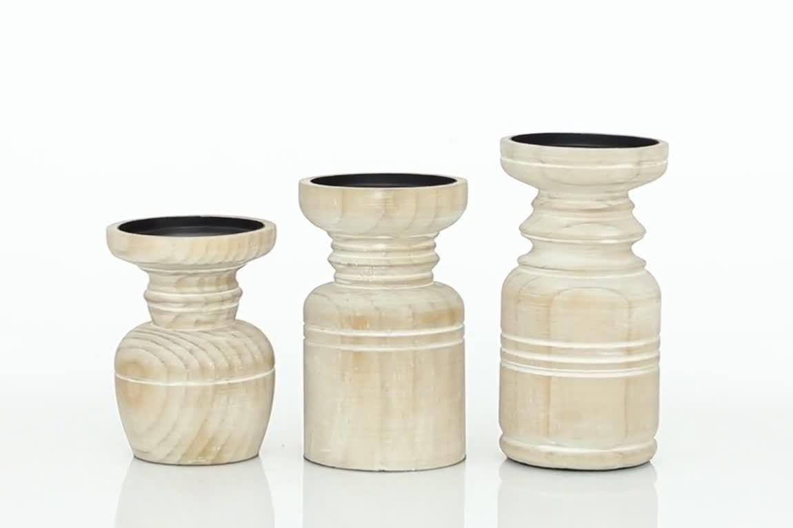 thumbnail video image 2 of DecMode 3 Candle Brown Wood Pillar Candle Holder with White Wash Finish, Set of 3, 2 of 8