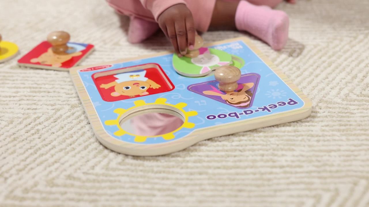 thumbnail video image 3 of Melissa & Doug® Ms. Rachel™ Wooden Peek-a-Boo Jumbo Peg Puzzle, 4-Piece with Mirror, Toddler Toys Ages 1+ Years, 3 of 10