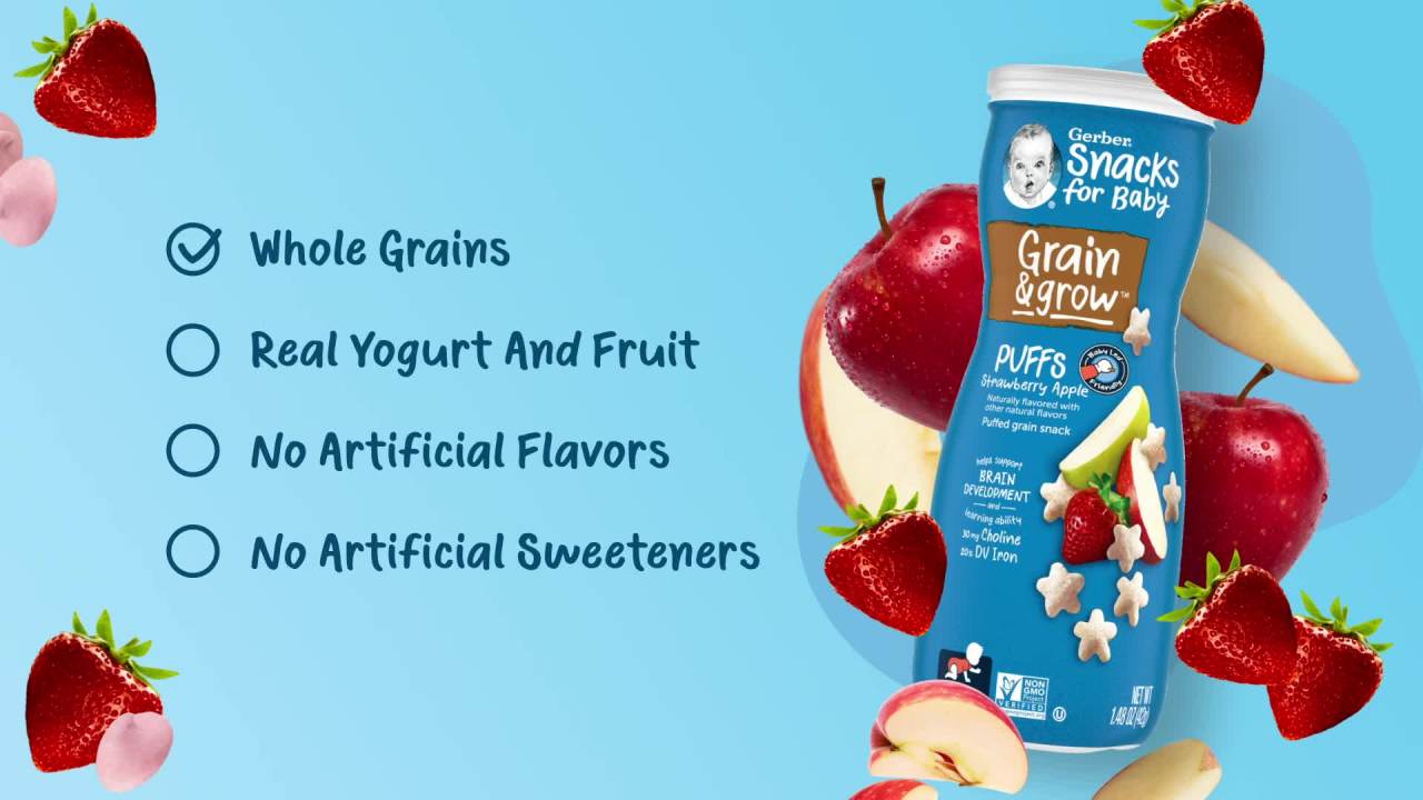 thumbnail video image 2 of Gerber Snacks for Baby Grain & Grow Puffs, Blueberry, 1.48 oz Canister, 2 of 10