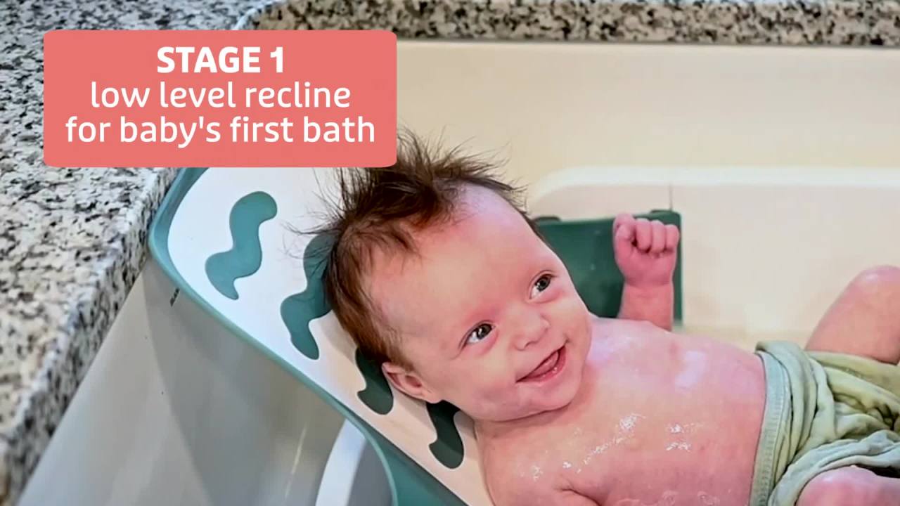 thumbnail video image 2 of The First Years Sure Comfort 4-in-1 Reclining Bathtub - Adjustable All-in-1 Bathtub for Newborn to Toddler - Ages 0 to 24 Months, 2 of 8