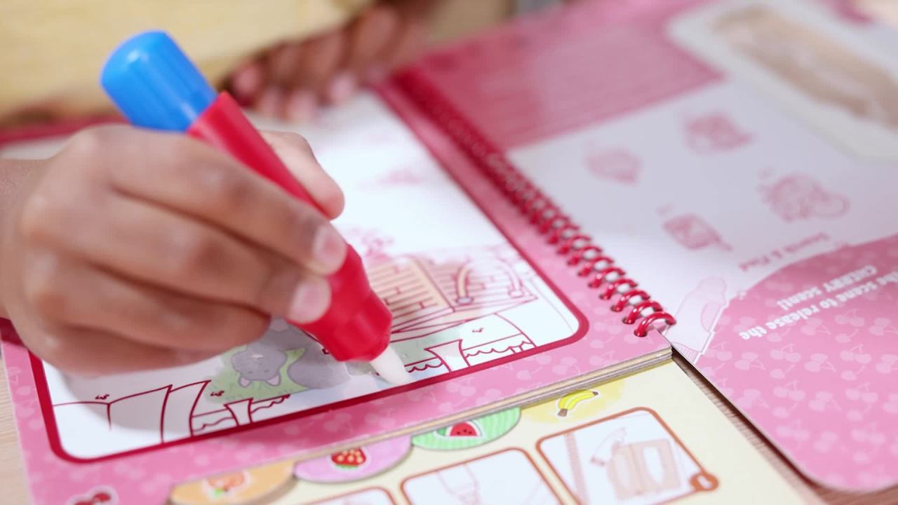 thumbnail video image 2 of Melissa & Doug Scented Water WOW! Reusable Water-Reveal Coloring Activity Pad Travel Toy – Fruit, 2 of 10