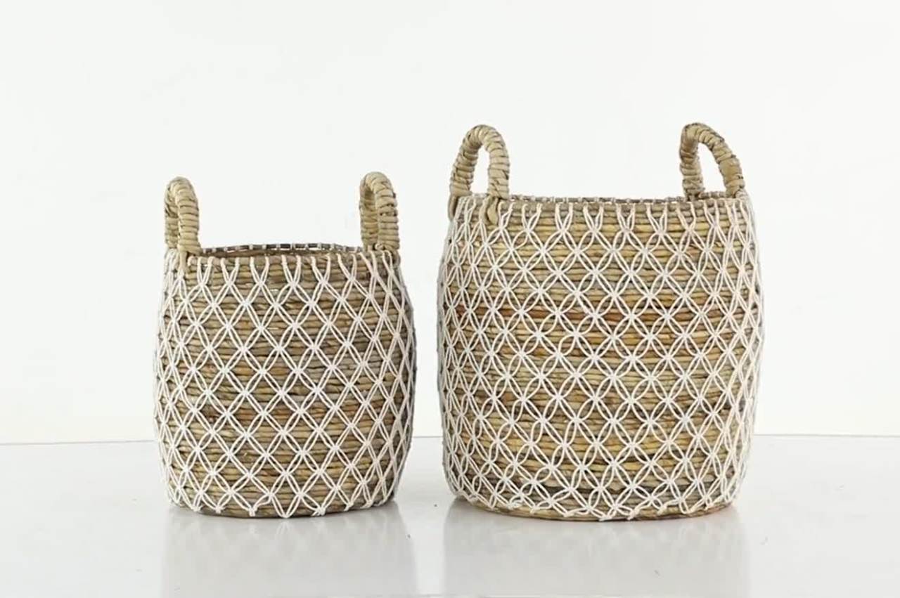 thumbnail video image 2 of DecMode 19", 17"H Brown Banana Leaf Handmade String Detail Storage Basket with Handles, 2-Pieces, 2 of 10