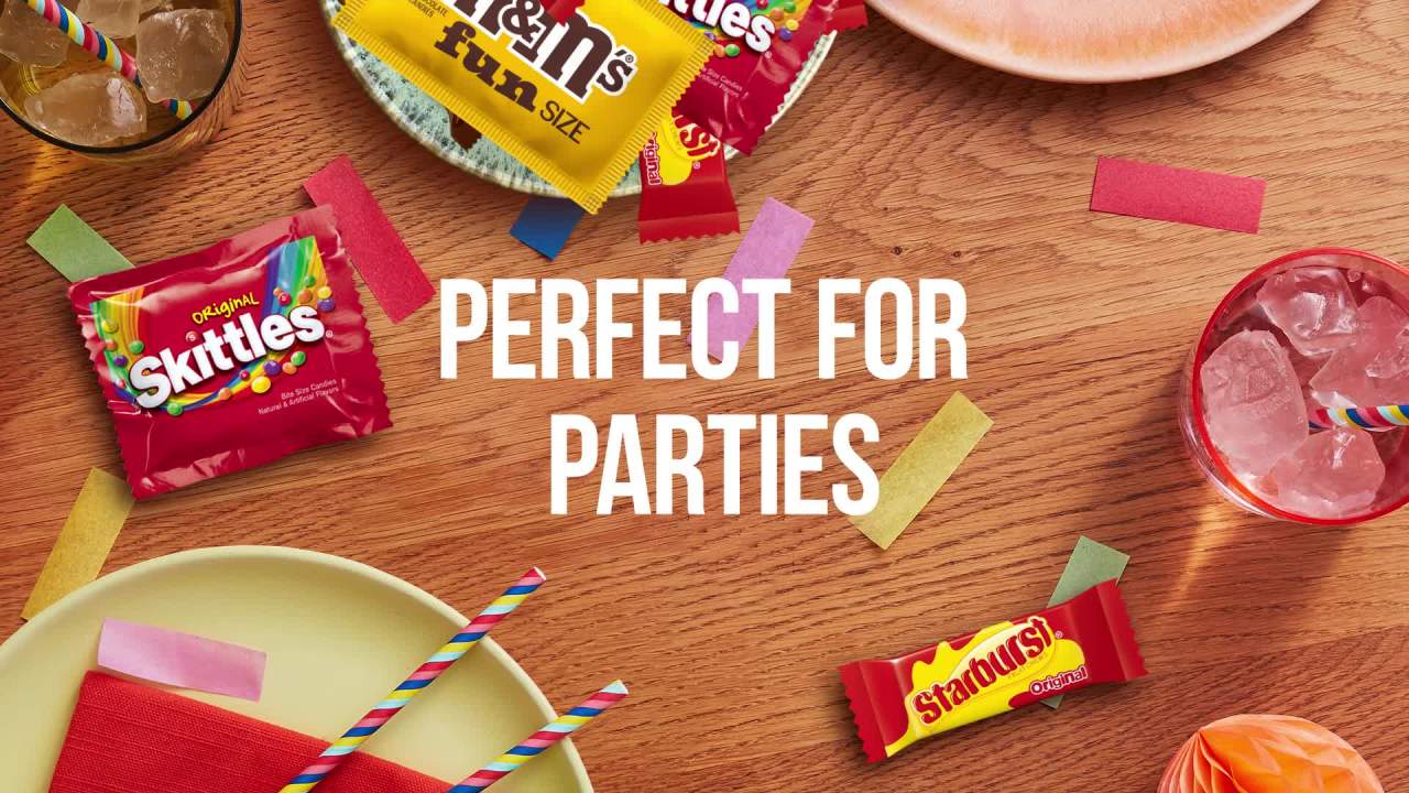 thumbnail video image 2 of M&M's, Snickers, Skittles & Starburst Fun Size Candy, Party Size - 19.44 oz Bag, 2 of 10
