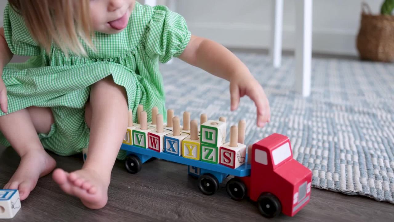 thumbnail video image 2 of Melissa & Doug Alphabet Blocks Wooden Truck Educational Toy, 2 of 10